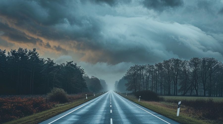 A winding road leading towards a brooding sky