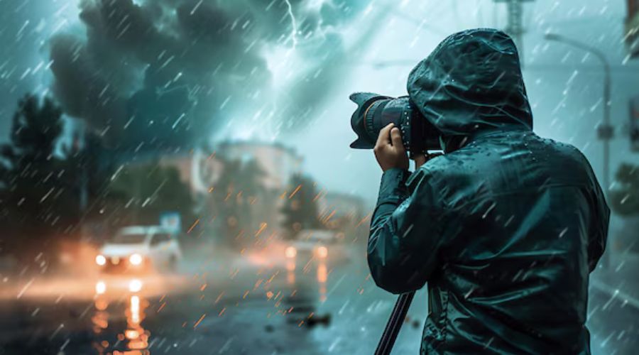 Photographer checking gear with stormy skies in the background