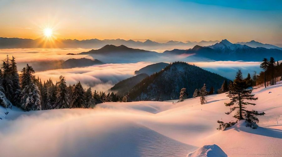 Sun rising over a snow-covered valley