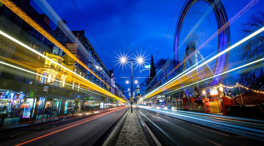 light trails in a city with vibrant colors